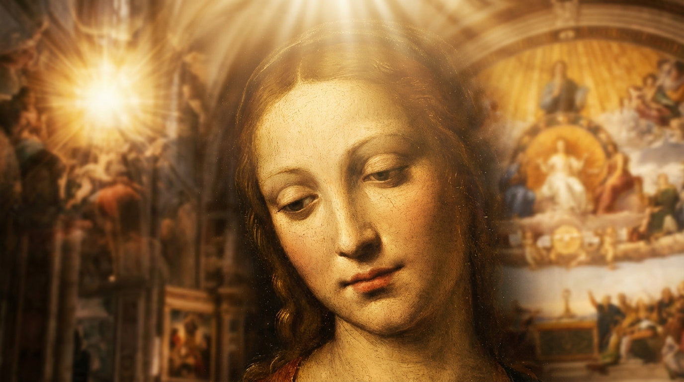 Sistine Madonna close-up. Raphael religious paintings detail restored by art. Serene, sacred art.