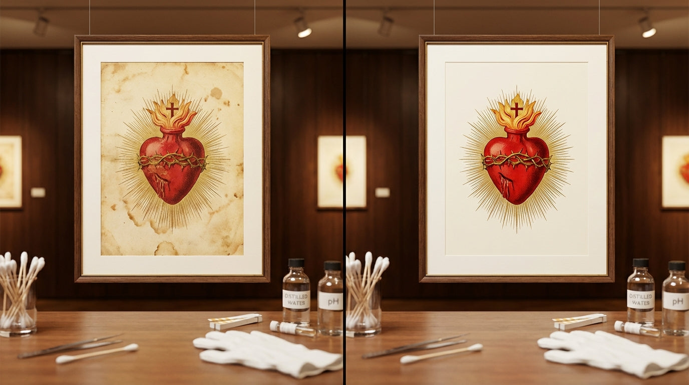 Removing yellowing from art prints: Before & after of restored vintage Sacred Heart.