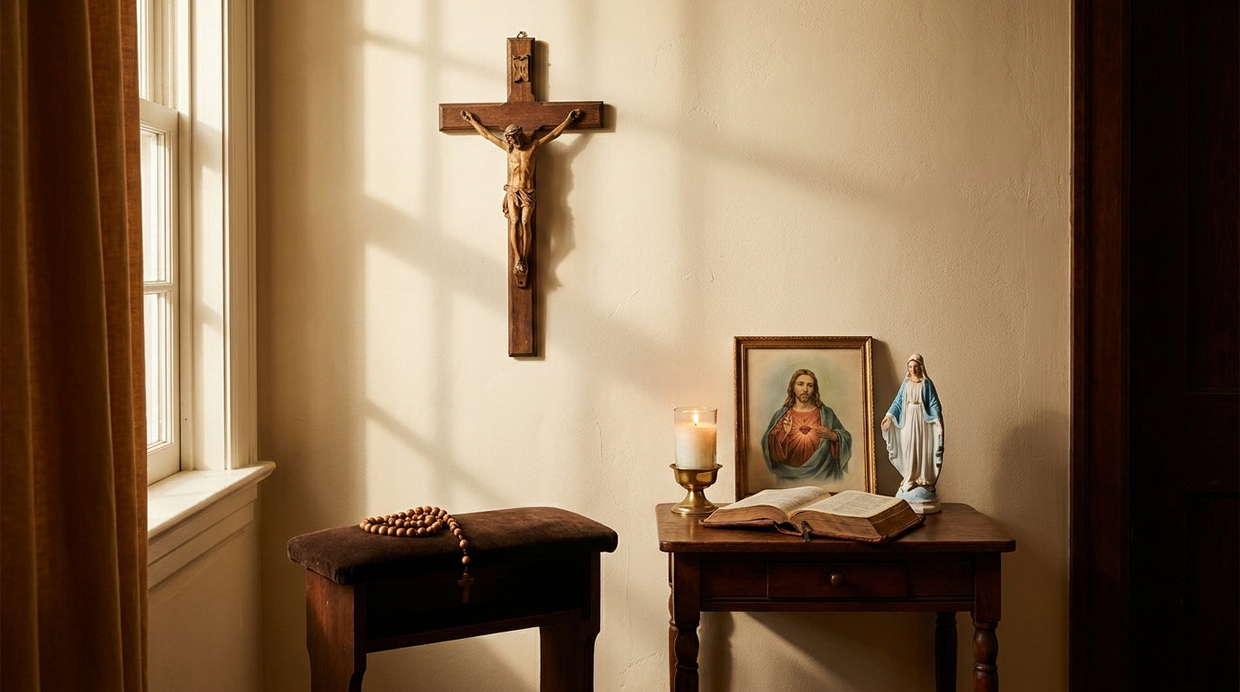Catholic prayer room with crucifix, Sacred Heart. Best religious art for prayer rooms.