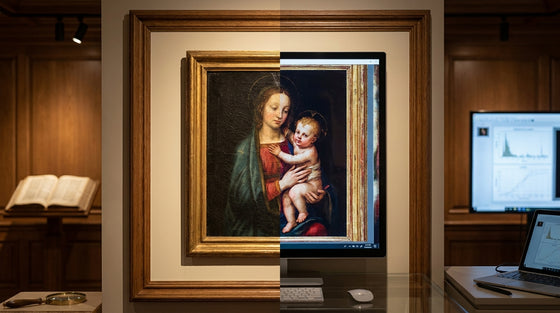 Digitally restored Catholic painting. Split screen shows damaged vs. vibrant art. 