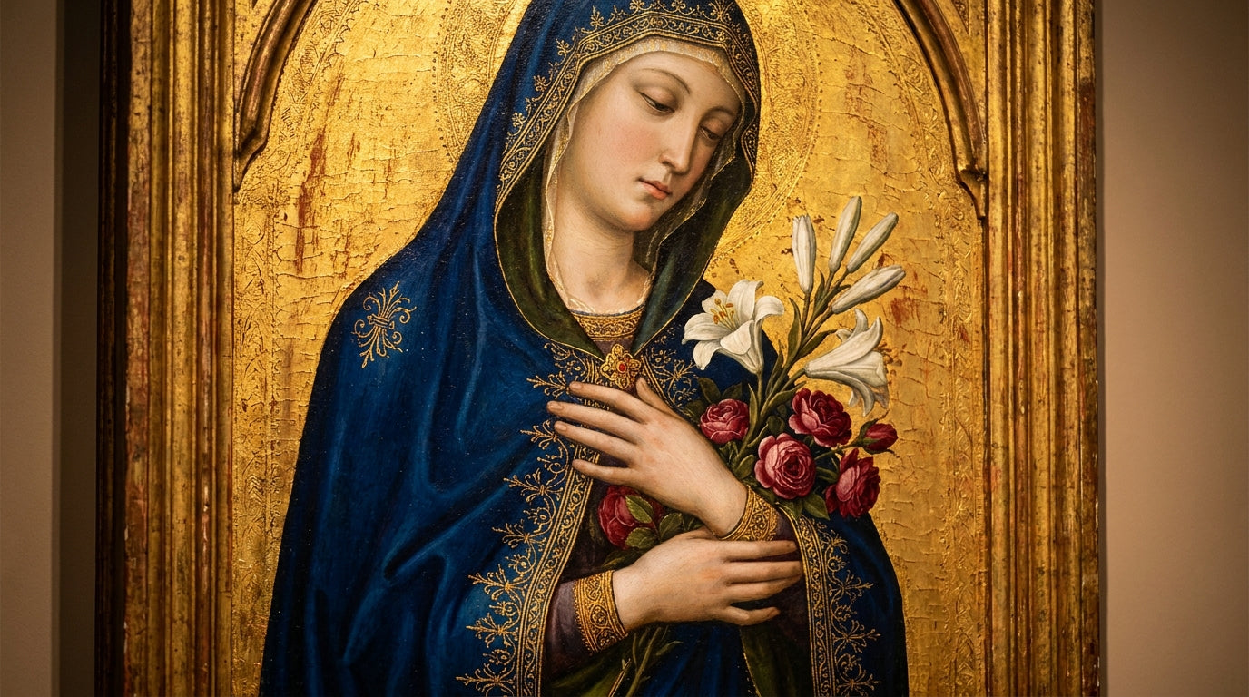 Virgin Mary icon detail. Colors in Catholic art symbolism: gold, ultramarine, red roses, white lily. Art print.