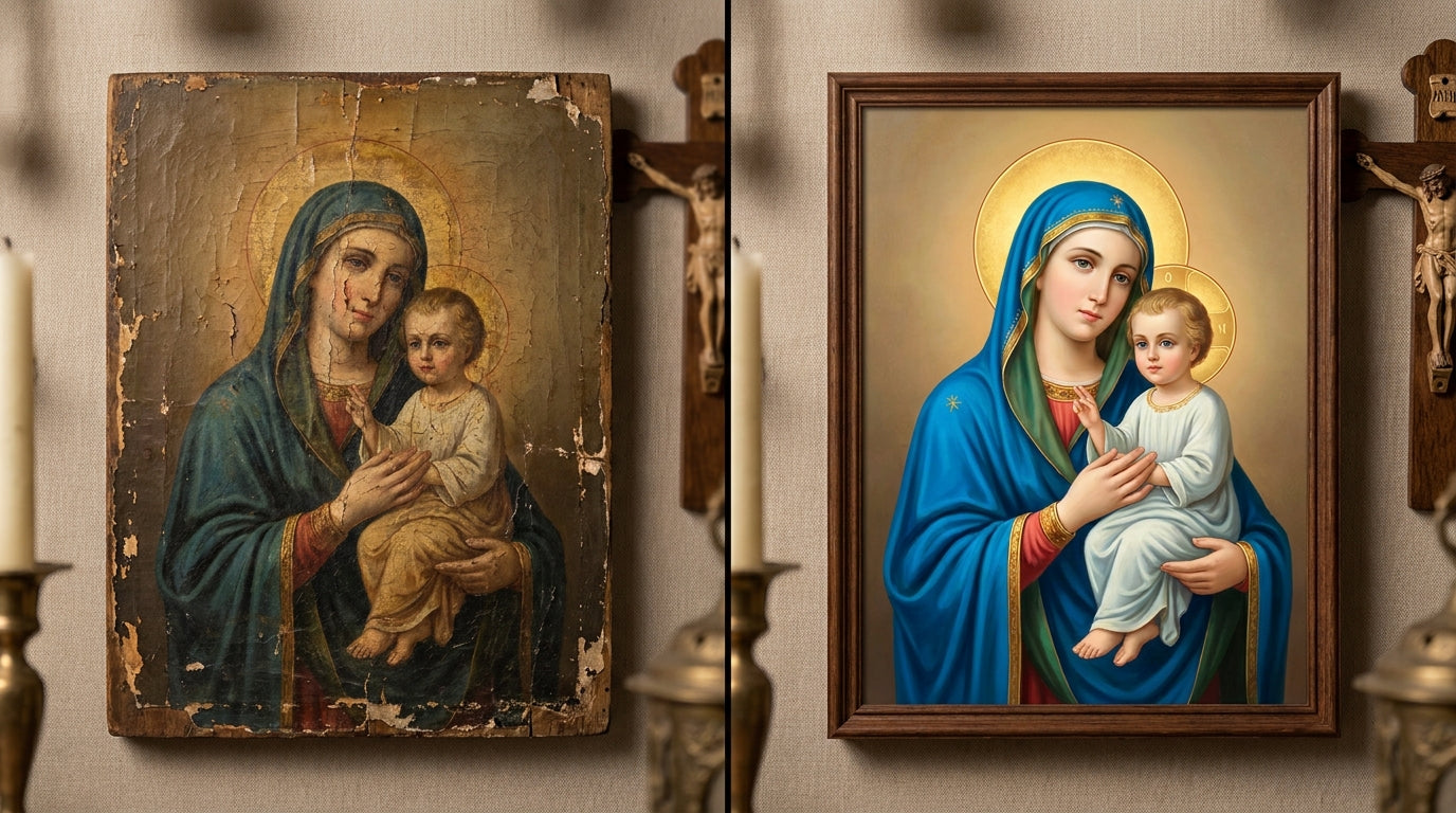 Madonna & Child: Digital art restoration techniques revive faded Catholic art. See the stunning before & after!