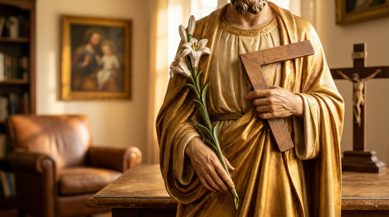 St. Joseph symbolism in art: Detail of lily & hands. Catholic art print for home.