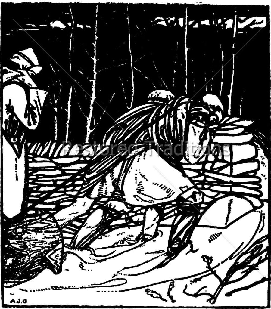Bring Me Pine Logs Hither by Arthur Gaskin - black and white illustration of King Wenceslaus and his page carrying pine logs through a snowy forest