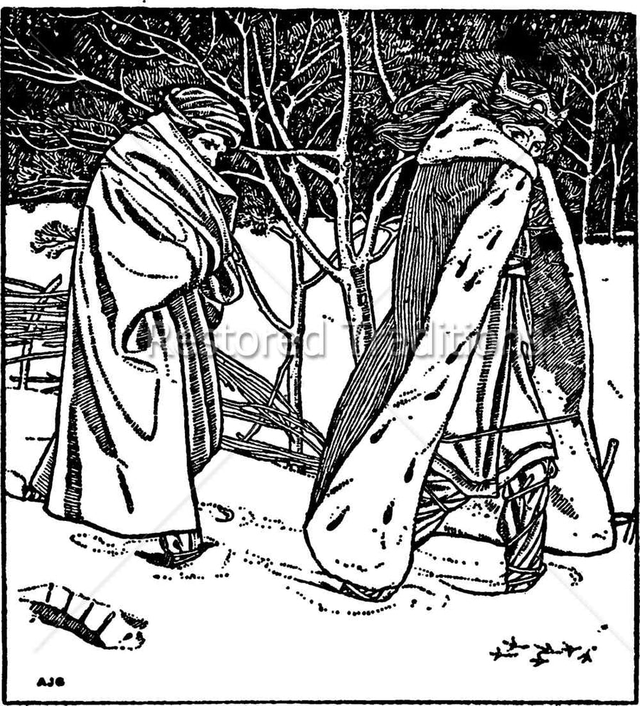 In His Master's Steps by Arthur Gaskin - black and white illustration of King Wenceslaus and his page walking through the snow