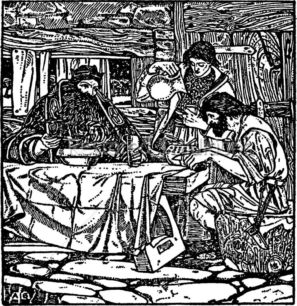 The Christmas Feast by Arthur Gaskin - black and white illustration of figures gathered at a table with bread and drink, from Good King Wenceslas