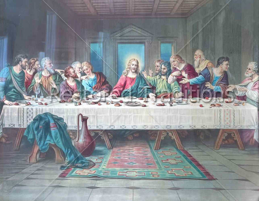 The Last Supper by Brunozetti - restored Catholic artwork of Christ and the twelve apostles at the table of the first Eucharist