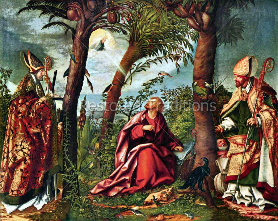 St. John Altarpiece by Hans Burgkmair, complete: St. Erasmus and St. Martin of Tours on either side of St. John the Evangelist on Patmos