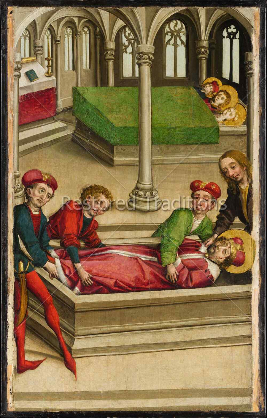The Burial of Saint Wenceslas by the Master of Eggenburg - late Gothic painting of the crowned martyr Saint Wenceslaus laid in his tomb inside a vaulted church