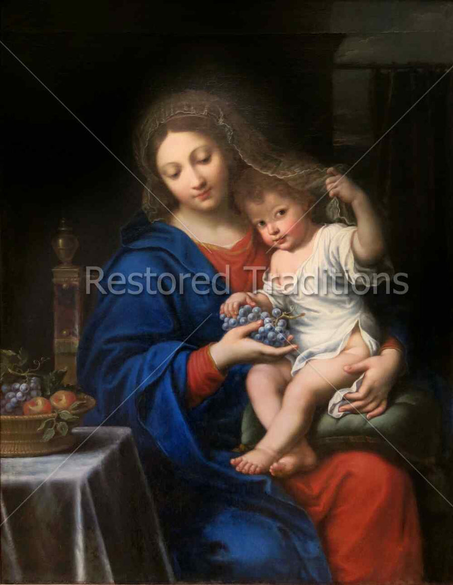 The Virgin of the Grapes by Pierre Mignard - restored Catholic artwork of the Blessed Virgin Mary holding the Christ Child with grapes