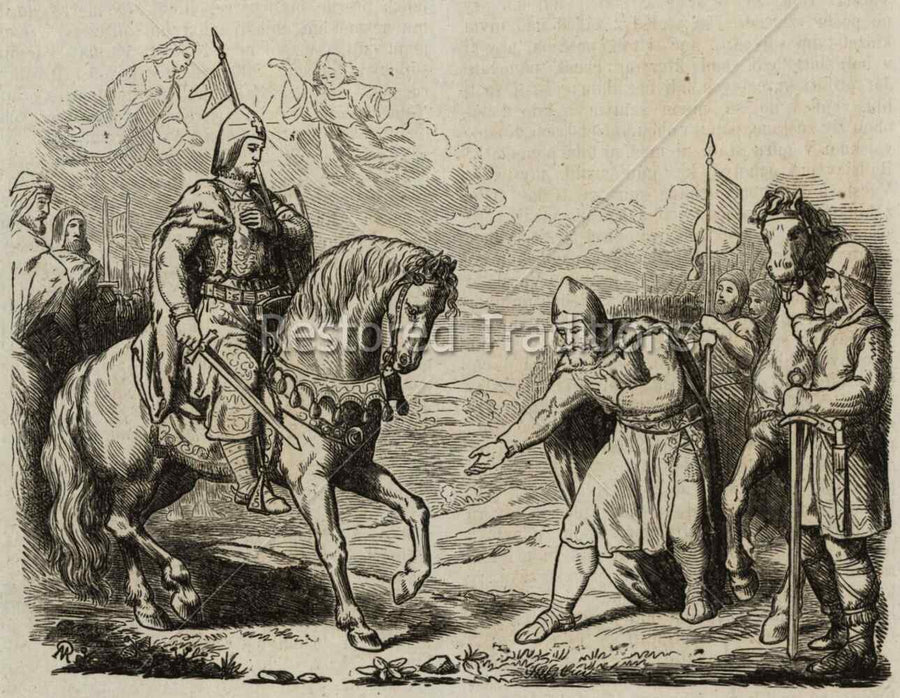 Radslav Humbled Before Saint Wenceslas by Petr Maixner - engraving of the mounted Saint Wenceslaus as the rival prince Radslav bows before him
