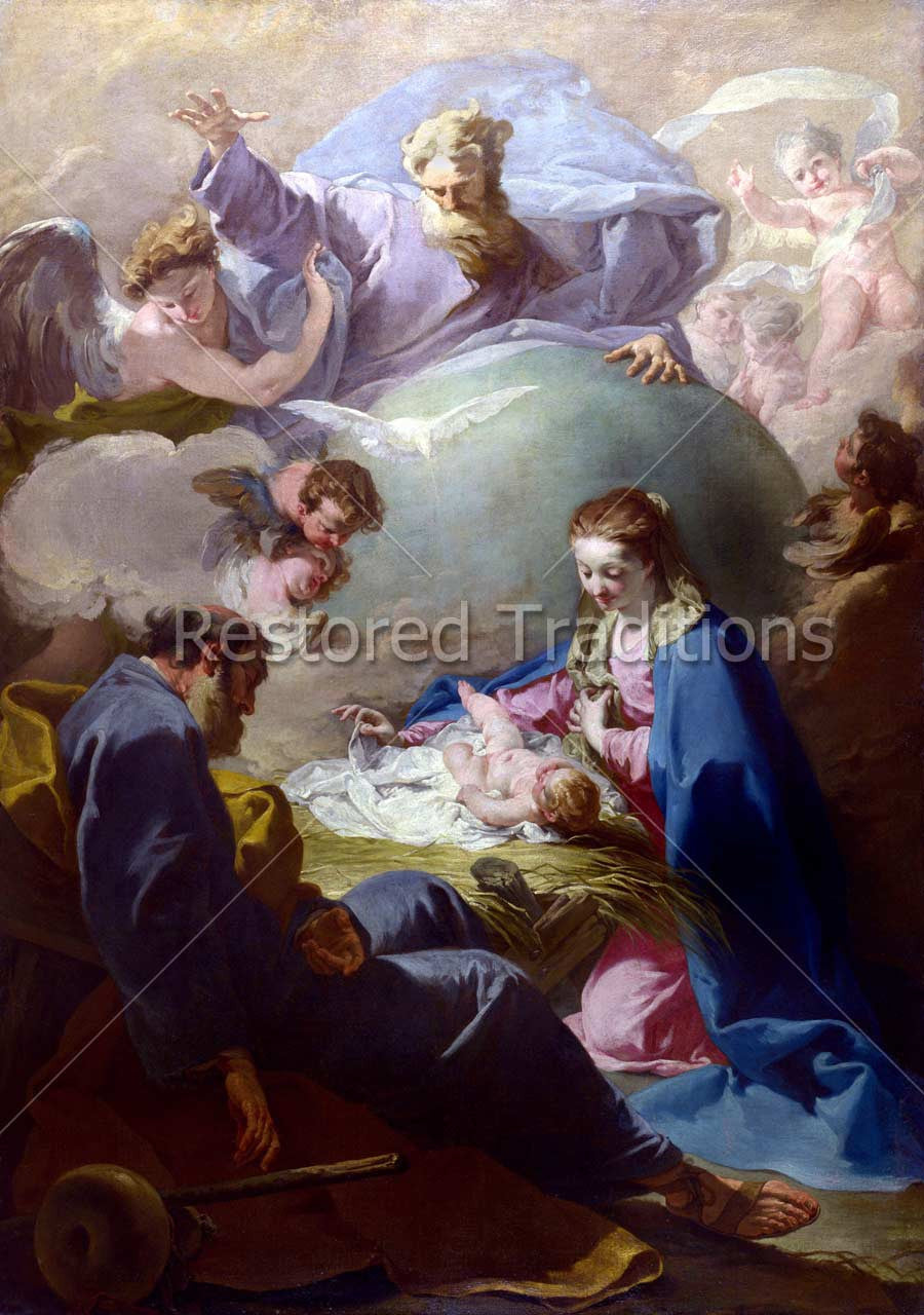 The Nativity with God the Father & Holy Ghost – Pittoni, restored fine-art print