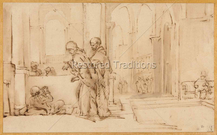 Peter and John at the Temple Gate attributed to Willem Drost - Rembrandt-school drawing of the apostles healing the lame man at the Beautiful Gate