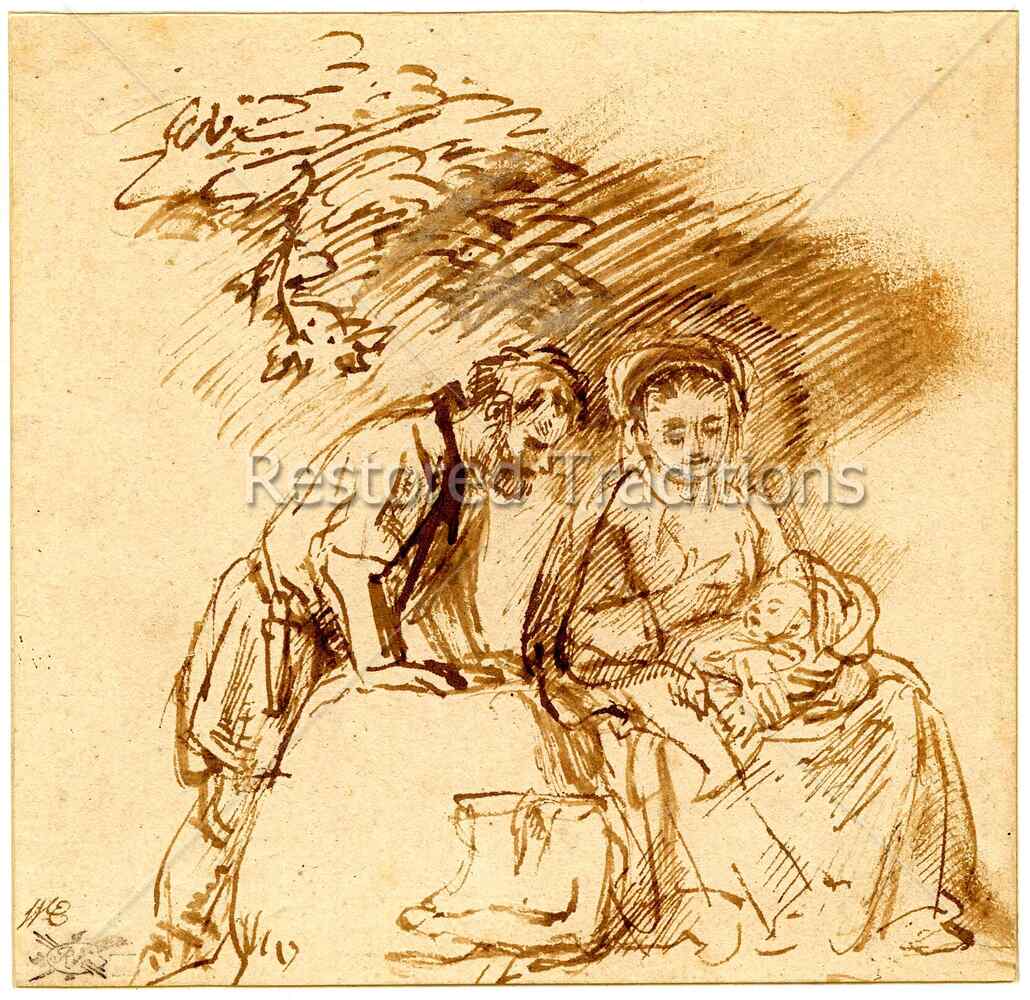 Rest on the Flight into Egypt by Willem Drost - Rembrandt-school pen drawing of Saint Joseph and the Virgin Mary resting with the Christ Child