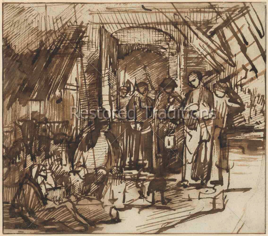 The Adoration of the Shepherds by Willem Drost - Rembrandt-school drawing of shepherds gathering at the stable to adore the newborn Christ Child