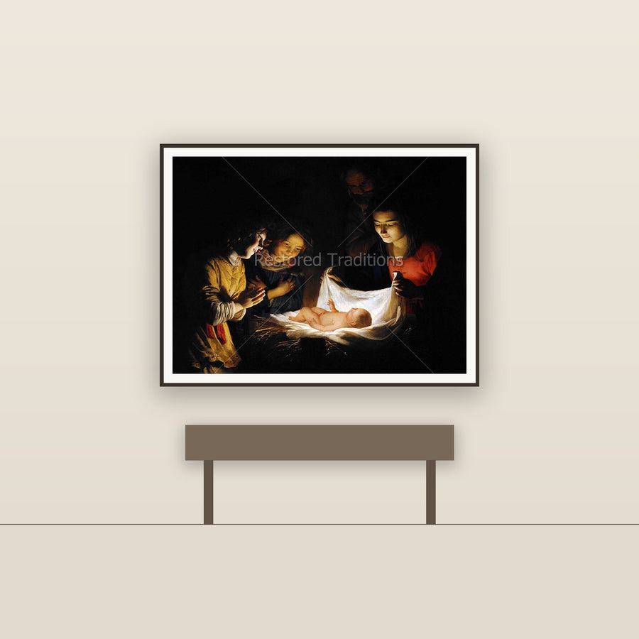 Adoration of the Child – Honthorst, restored fine-art print