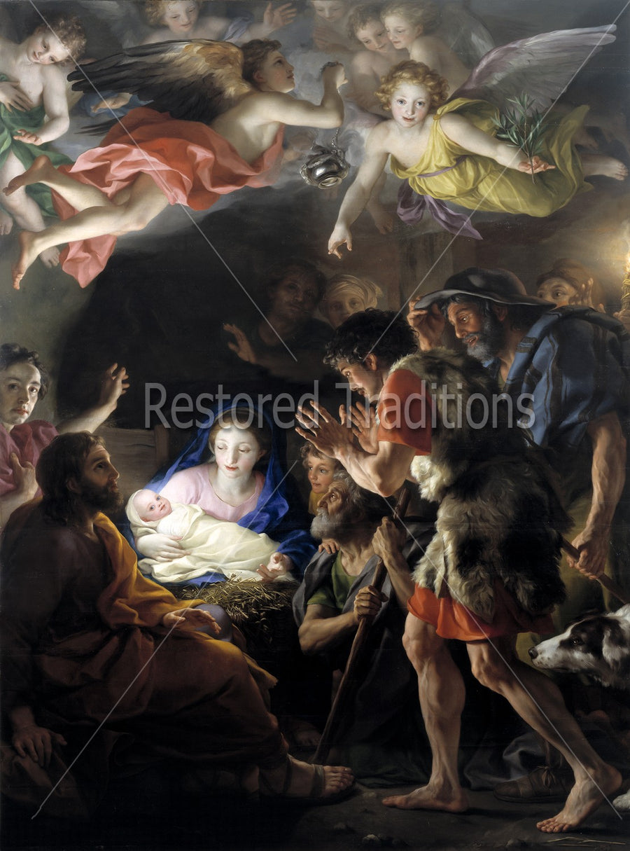 Virgin Mary Holding Baby Jesus in Stable Surrounded by Angels and Shepherds
