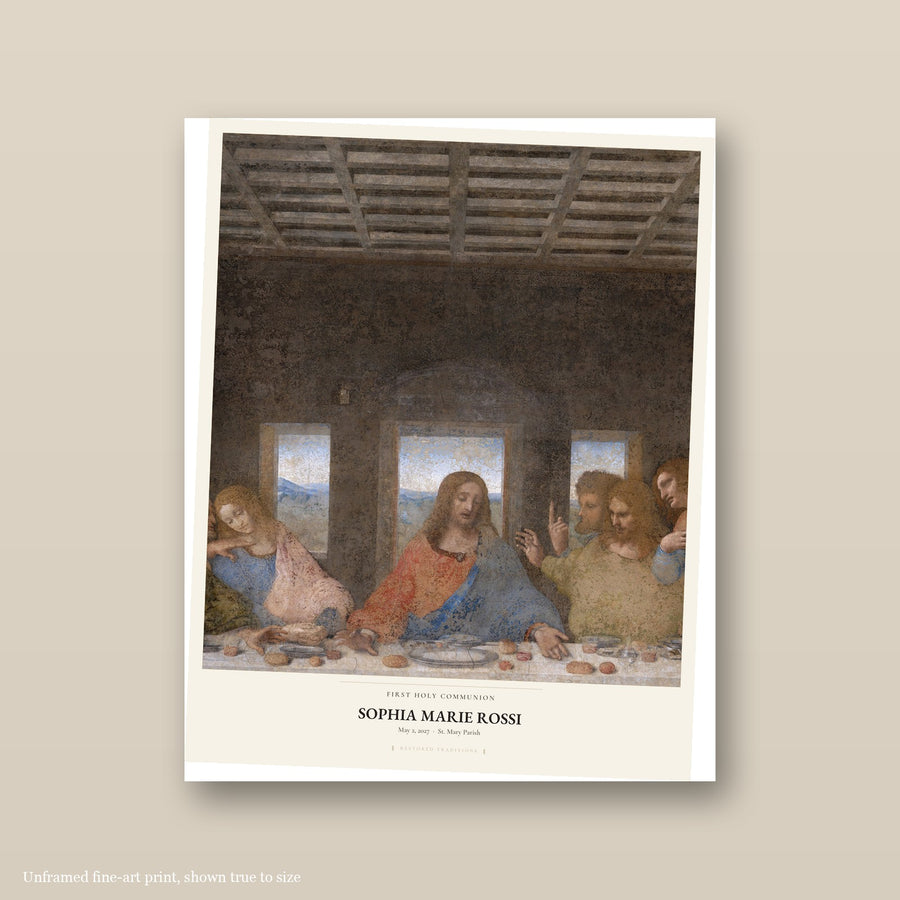 First Holy Communion keepsake print personalized with the child's name and Leonardo da Vinci's Last Supper