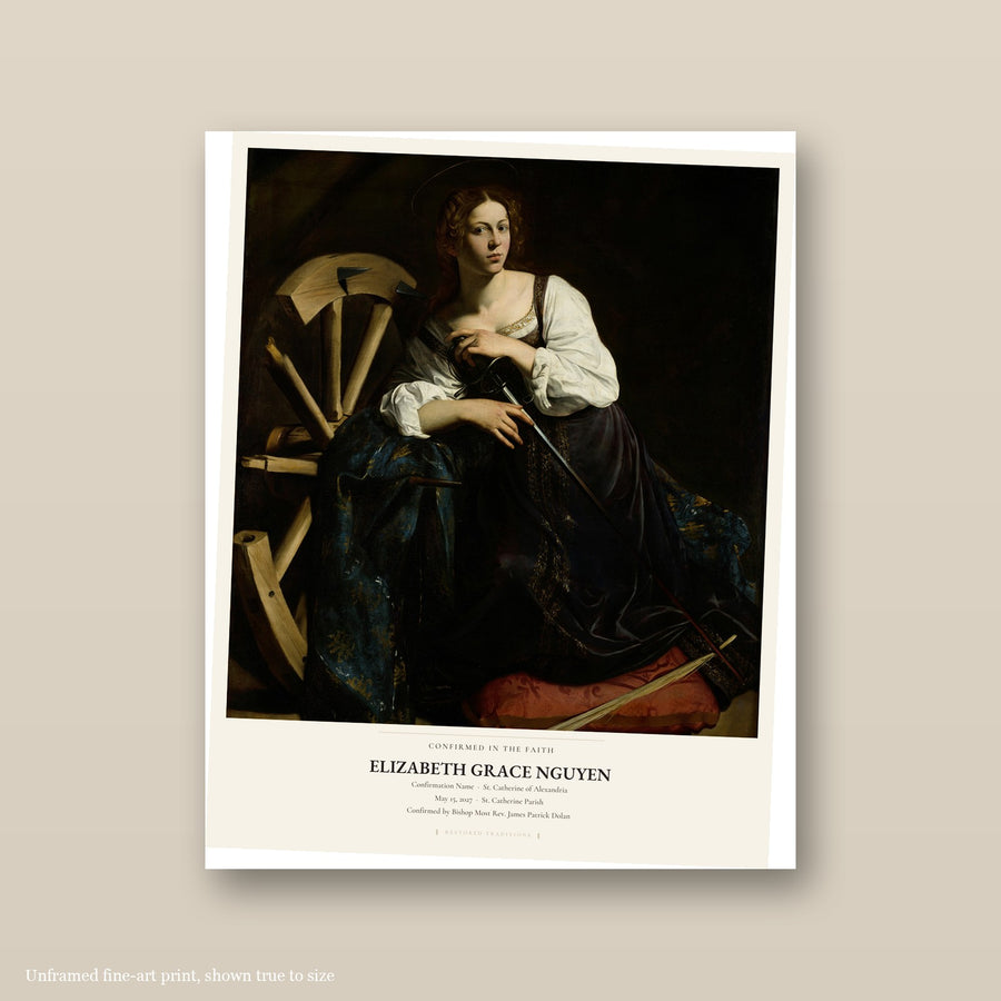 Confirmation keepsake print personalized with the confirmand's name and Caravaggio's Saint Catherine of Alexandria