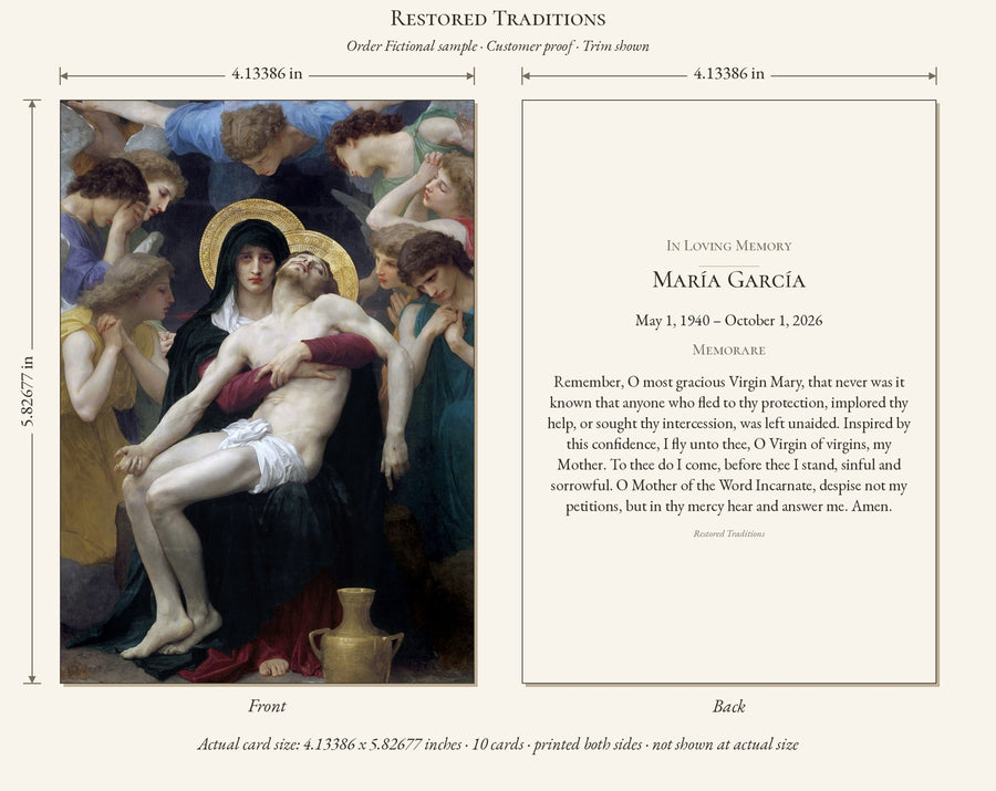 Restored Traditions sample funeral-wallet — fictional personalization; dimensions shown