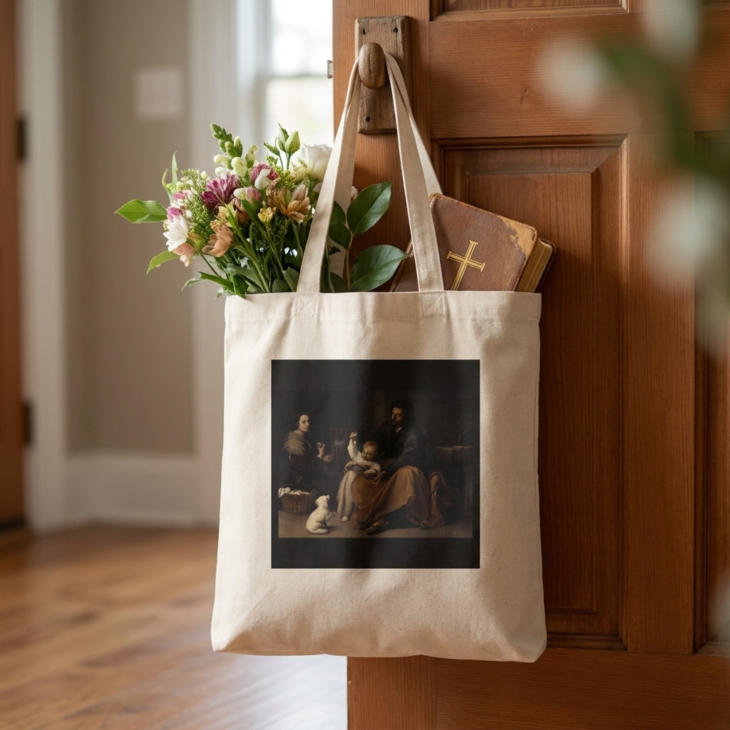 Holy Family with a Little Bird tote bag hanging by the front door with flowers and a missal