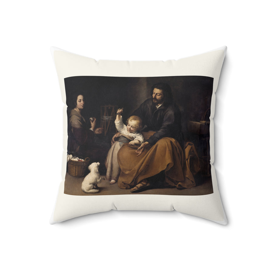 Holy Family with a Little Bird throw pillow on a sunny living room sofa