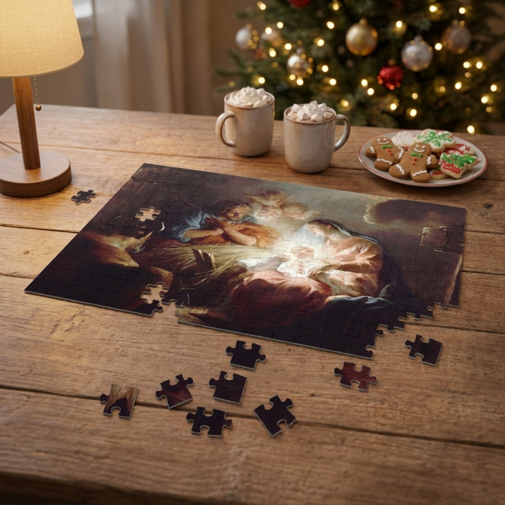 Nativity puzzle half-finished on the dining table on Christmas afternoon