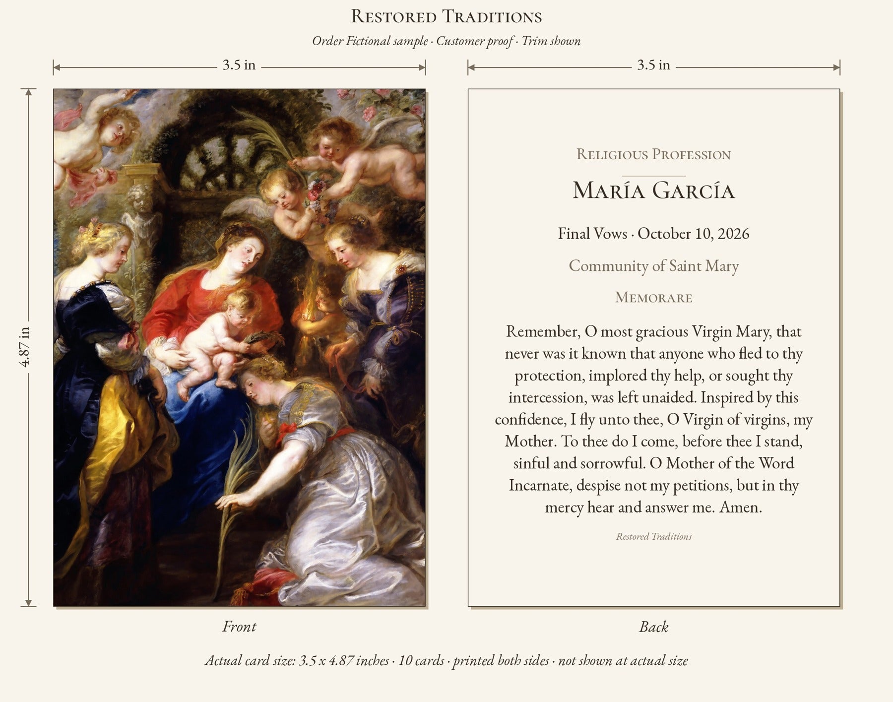 Restored Traditions sample profession-wallet — fictional personalization; dimensions shown