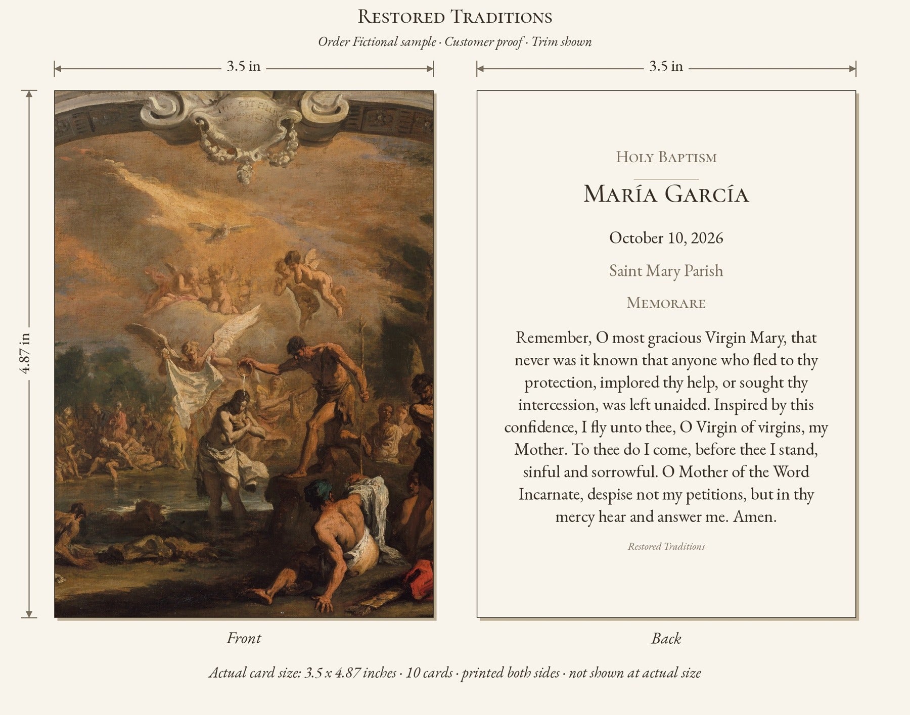 Restored Traditions sample sacrament-wallet — fictional personalization; dimensions shown