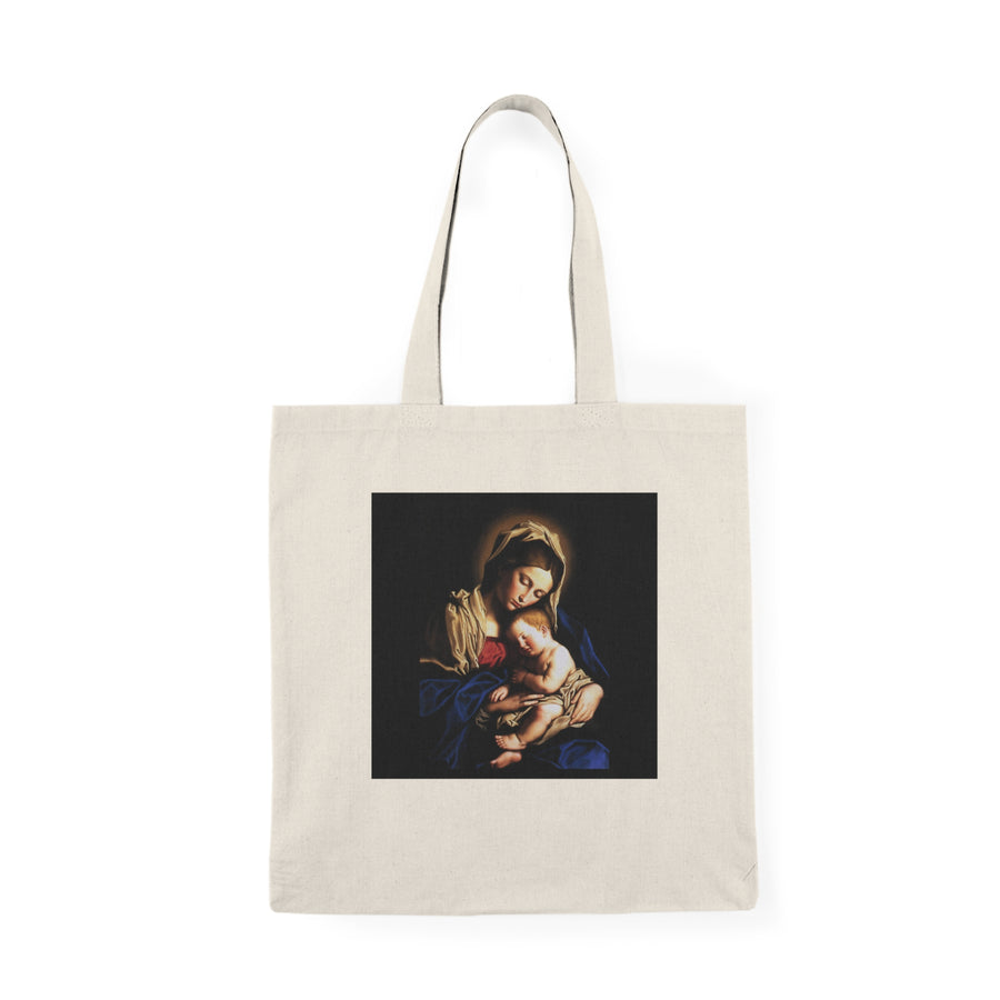 Holy Family with a Little Bird tote bag hanging by the front door with flowers and a missal