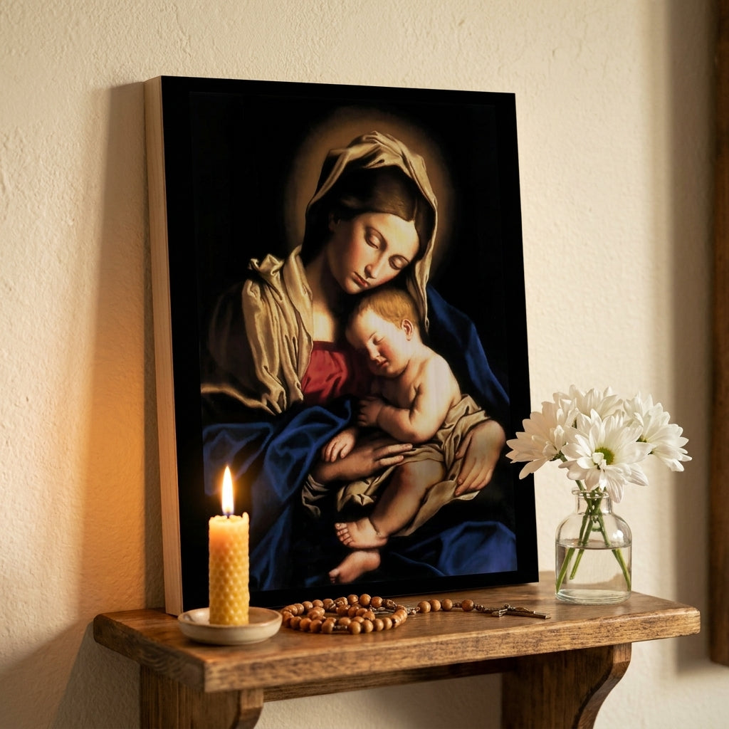 Madonna and Child maple wood print on a home altar with a candle, rosary and white flowers