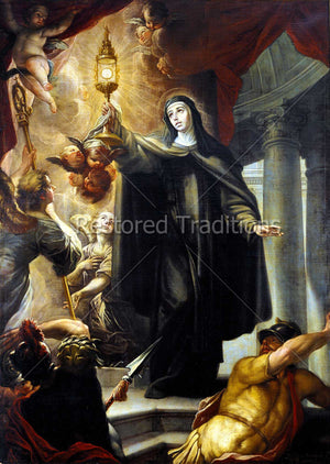 Nun saint holding up monstrance