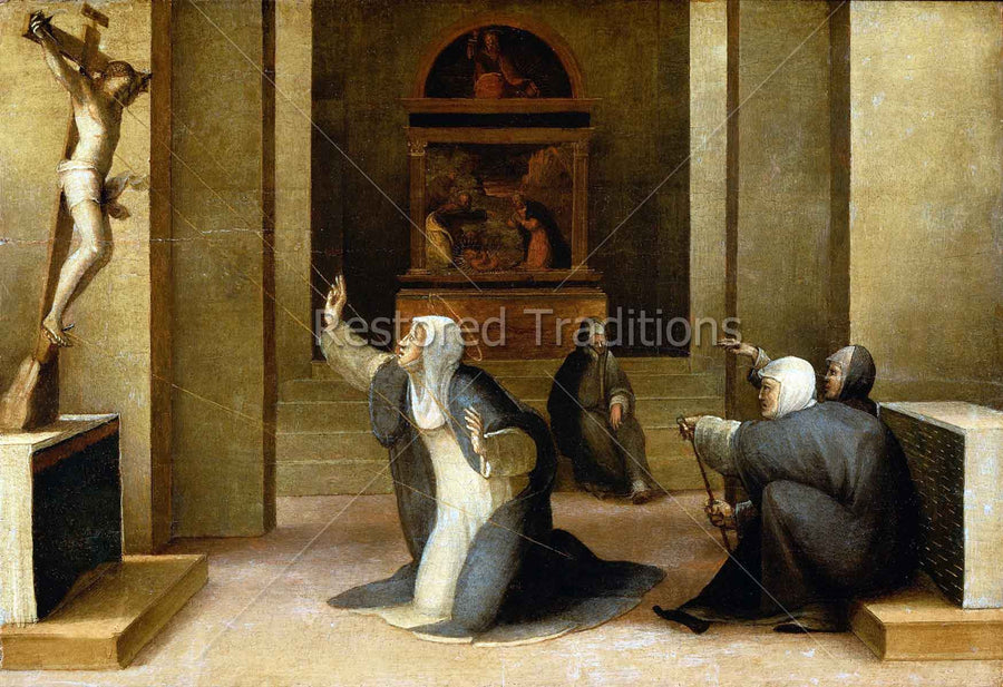 nun kneeling before crucifix