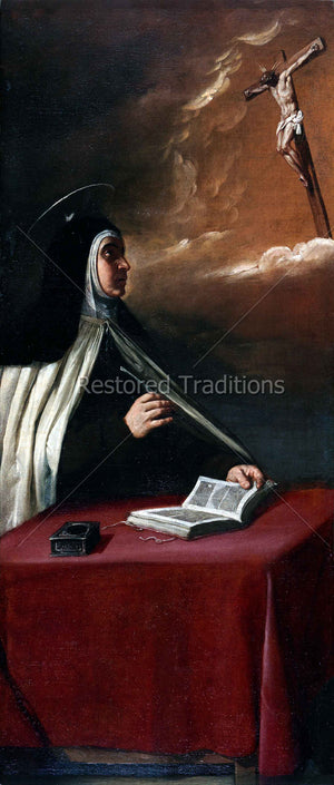 Nun looking at cross in the clouds
