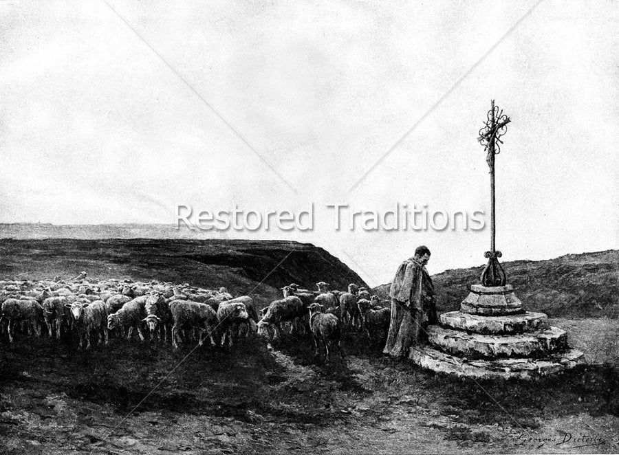 man praying with sheep at cross