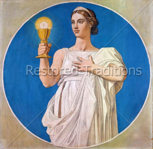 Woman in White Holding Up a Golden Chalice With a Host