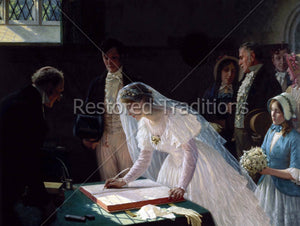 Bride signing book with marriage records