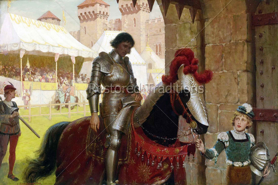 knight in armor riding away