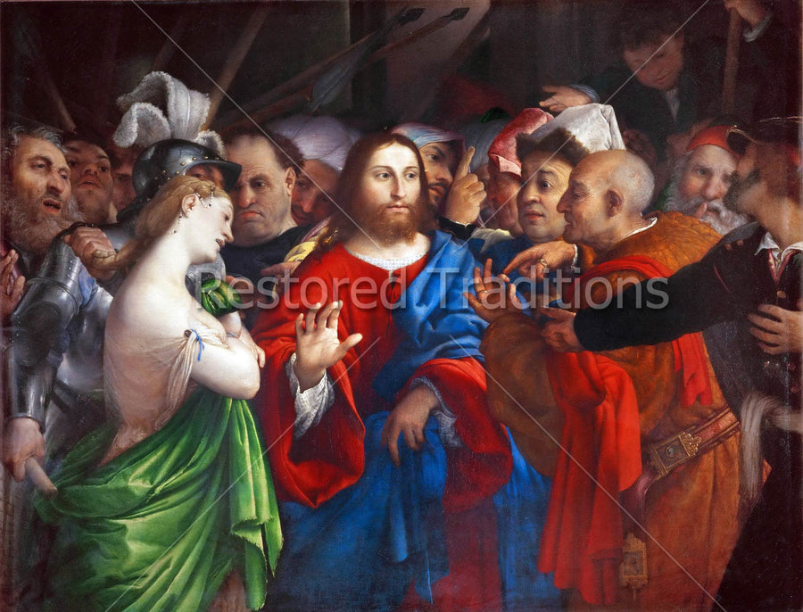men surrounding Christ and woman
