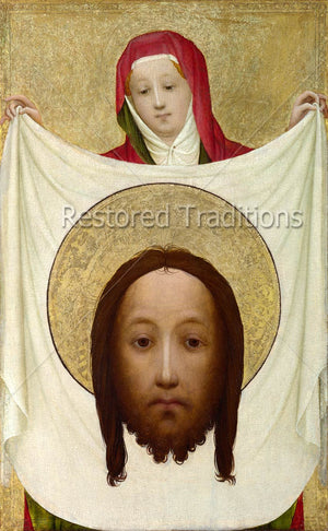 Woman holding veil with image of Our Lord 