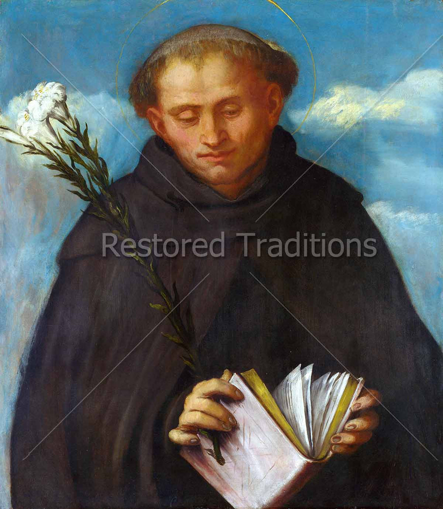 Saintly friar holding book and lilies