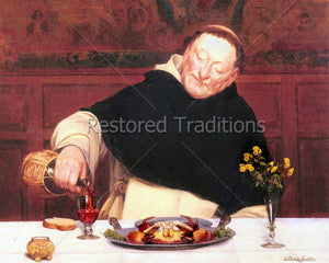 Catholic monk at table