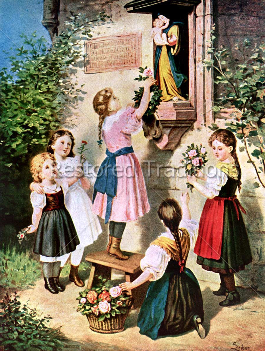 Children Bring Flowers to Madonna Shrine