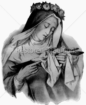 Nun holding crucifix with roses on her head