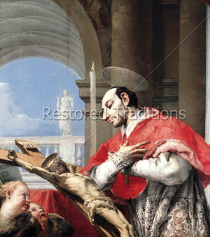 Saintly priest praying near a crucifix