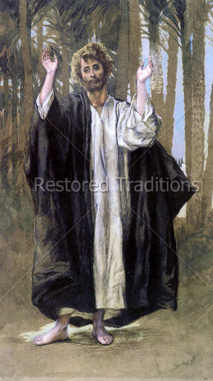 Apostle on island with hands raised