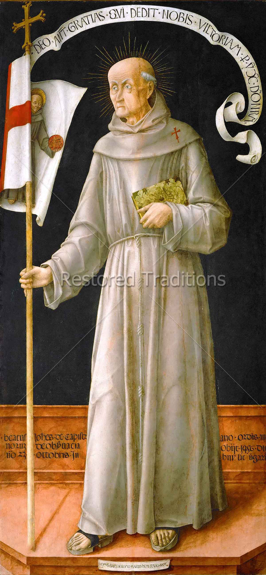 Franciscan friar saint holding flag