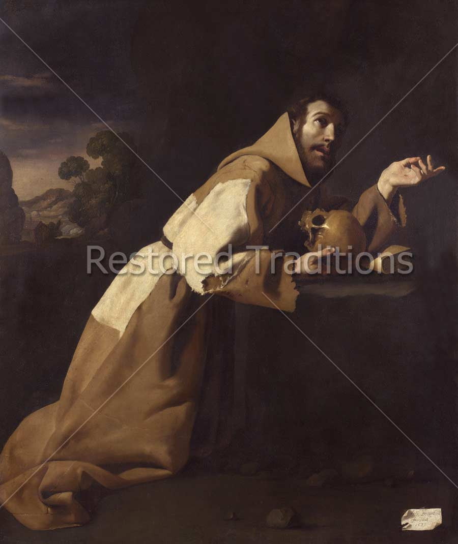 Friar praying holding skull