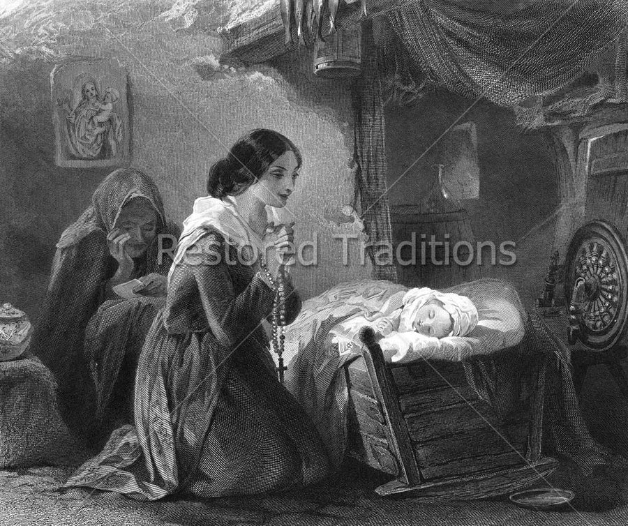 Mother Praying Rosary Over Sleeping Child