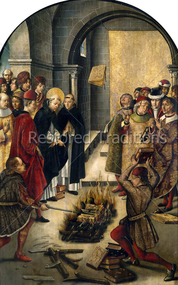 Saint Dominic burning books with heretics